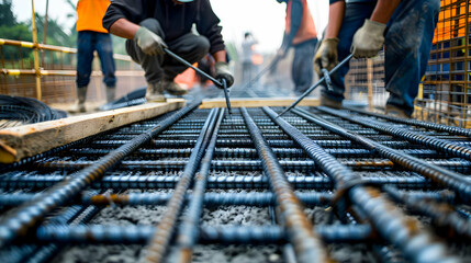 Construction workers fabricating steel reinforcement bar at the construction site