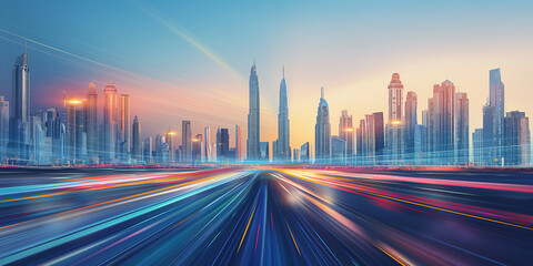 Obraz premium Futuristic city street at night with vibrant light trails from passing cars. Headlights shining towards a towering skyline, capturing the dynamic and energetic urban environment.