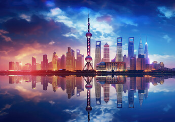 Fototapeta premium Vibrant Modern City Skyline at Dusk