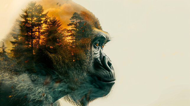 The gorilla's face is in profile. The left side of its face is covered in green leaves, while the right side is covered in brown fur. The background is a blur of light brown.
