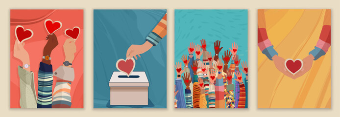 Leaflet - poster with hand holding heart. Donation box. editable cover - template. Charity and solidarity donation. Campaign Call for Volunteers. Voluntary concept. NGO. Aid