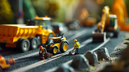 Fototapeta premium small people A group of construction vehicles on a road Suitable for construction and transportation themes