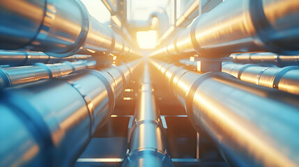 Naklejka premium Sunlit Industrial Pipeline In Blue Color Banner, Symbolizing Energy Generation In Aidriven Future, Copy Space oncept Sunlit Industrial Pipeline, Blue Color Banner, Energy