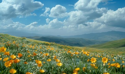 Fototapeta premium Rolling Hills Covered in Yellow Wildflowers with Blue Sky and White Clouds.