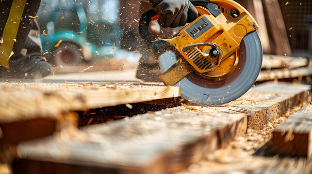 Worker using a circular saw to cut a wooden board at a construction site