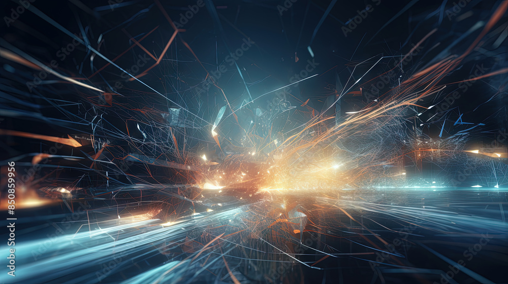 Poster Abstract technology burst with glowing wires and particles in motion. Technology and science dynamic background.