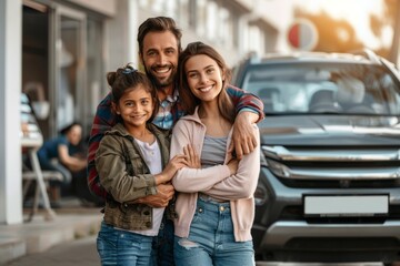 After buying their car, a beaming family gathers in the showroom, radiating joy and contentment, marking the start of memorable journeys together
