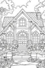 Obraz premium Palace-house in the town coloring page, comic style, black and white, bold lines, white background