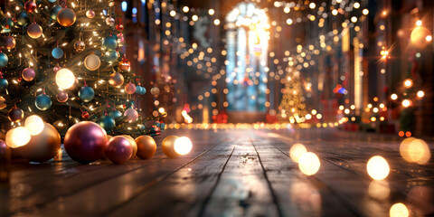 Magical Christmas Hall Decorated Tree Fairy Lights Stain Glass Window Festive Background
