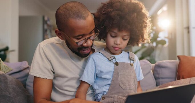 Father, son and elearning with laptop, teaching and man with boy for education, online and living room. Home, dad and kid with computer, knowledge and growth with development for child in house
