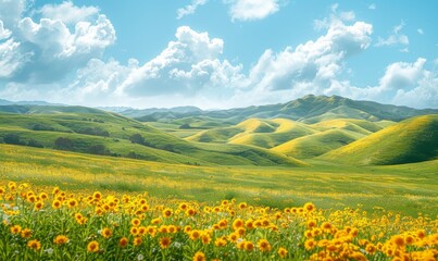 Obraz premium Yellow and Green Landscape with Rolling Hills and Bright Yellow Flowers under a Blue Sky with White Clouds. 