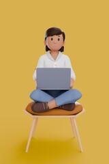 3D illustration of woman working on laptop while smiling at camera