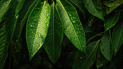 Texture of Mango Tree s Green Leaves under Sunlight Post Rainfall