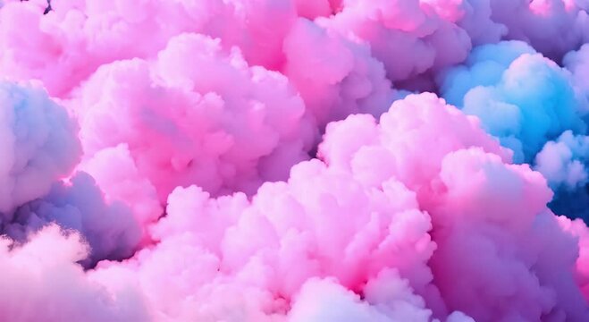 Fluffy pink clouds with hints of blue in sky. Soft pink and blue cloudscape at dusk. Tranquil  floating clouds in pink and blue pastel tones. Textured pink fluffy clouds close up
