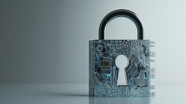 A 3D rendering of a lock with digital circuits forming the keyhole against a minimal clean background, ideal for advertising photos and tech articles