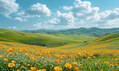  Yellow and Green Landscape with Rolling Hills and Bright Yellow Flowers under a Blue Sky with White Clouds. 
