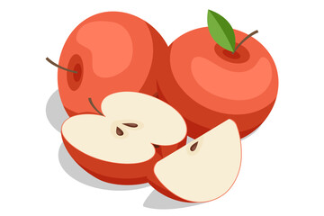 Isometric red apples isolated on white background. Apples juicy fruits. Rich in fibre and antioxidants, they offer a sweet, refreshing taste and are versatile for eating raw, cooking, or juicing.