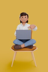 3D illustration of woman working on laptop while pointing at screen