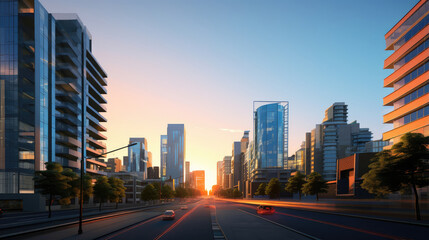 Fototapeta premium Sunset Boulevard Amidst Urban Skyscrapers