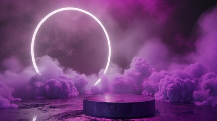 Neon half-circle and smoke on dark background
