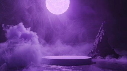 Spooky moonlit scene with purple fog