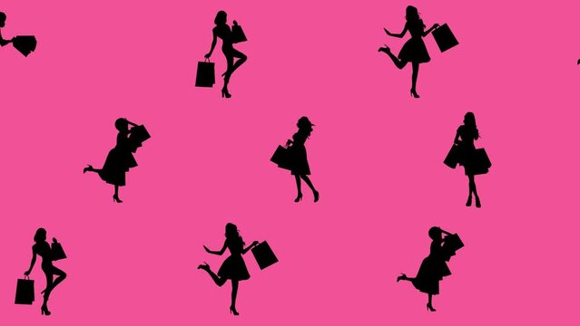Seamless background of shopping girls in black on a pink background. Loopable.