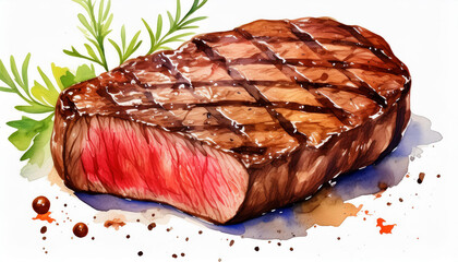 Watercolor painting of tasty grilled juicy steak isolated on white. Tasty food for dinner. Hand drawn