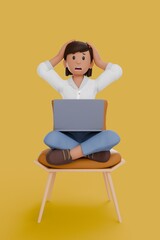 3D illustration of woman stressed with working on laptop