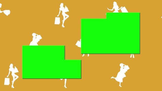 Animated shopping girls in white on an orange background with a transitioned green screen overlay.