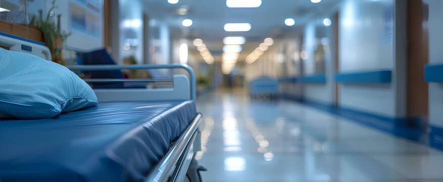 Hospital bed in emergency room blurred background. Abstract blurred medical clinic interior