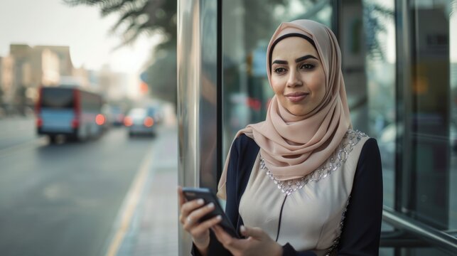 Arab Businesswoman Engaging with Smartphone at Bus Stop - Powered by Adobe