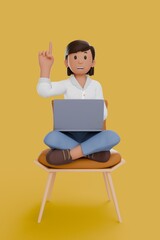 3D illustration of woman working on laptop while pointing above