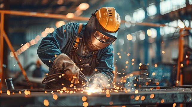 A welder works on a metal structure in a factory, sparks flying.