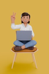 3D illustration of woman working on laptop while smiling and raised his right hand