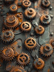 A long chain of gears and bolts are shown in a close up