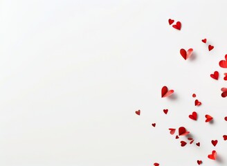 Red Heart-Shaped Confetti on White Background for Love Concept. Ideal for Web Banners, Posters, and Greeting Cards.