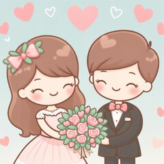 Bride and groom with bouquet.AI