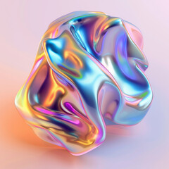 Fototapeta premium A digital rendering of an abstract, fluid shape with iridescent colors and reflections, set against a pastel blue background. The form is designed to resemble the interwoven structure of two intertwin