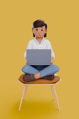 3D illustration of woman sad about working on his laptop