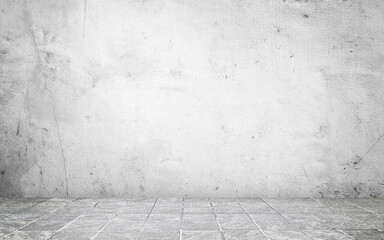 grey concrete perspective room for advertising. stamp concrete floor in grid pattern with weathered white concrete wall background. white backdrop space for displayed product.