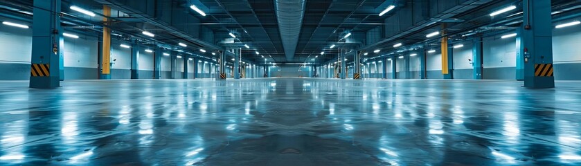 Fototapeta premium Empty parking garage with bright lights and reflecting floor