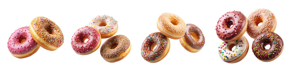 Collection of round donuts, flying falling with sprinkles on white background. Many assorted different donuts. 