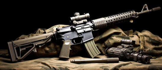 Military Assault Rifle on Camouflage Fabric