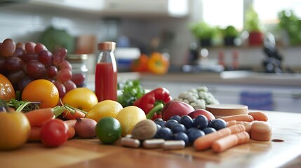 Wellness Through Nutrition. Kitchen scene featuring a variety of fresh fruits, vegetables, and dietary supplements, promoting healthy eating habits and new year resolutions for overall wellness