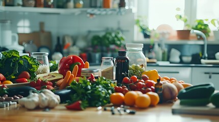 Wellness Through Nutrition. Kitchen scene featuring a variety of fresh fruits, vegetables, and dietary supplements, promoting healthy eating habits and new year resolutions for overall wellness