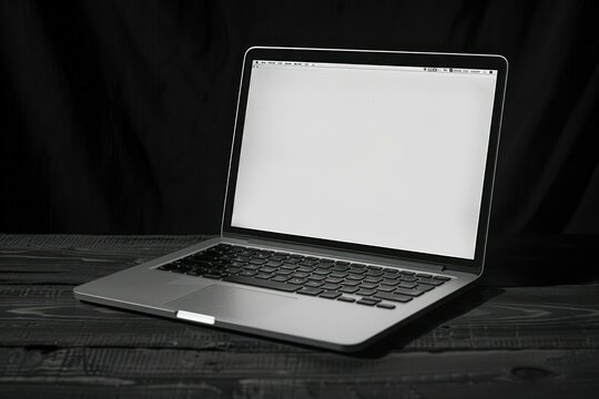 Modern open laptop with blank screen sits on a dark wooden desk, with a black backdrop