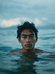 A portrait of an east asian guy half underwater at a summer sunset in the sea water