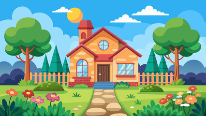 Fototapeta premium 2d-animation-background-including-house-and-garden