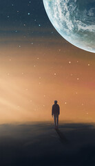 Man silhouette walking on land with star nigh sky and planet. Dreamlike digital painted background illustration. Elements furnished by NASA