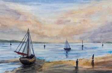 Ship on lake, sea and people walking on shore under sunset sky. Hand painted watercolor landscape...